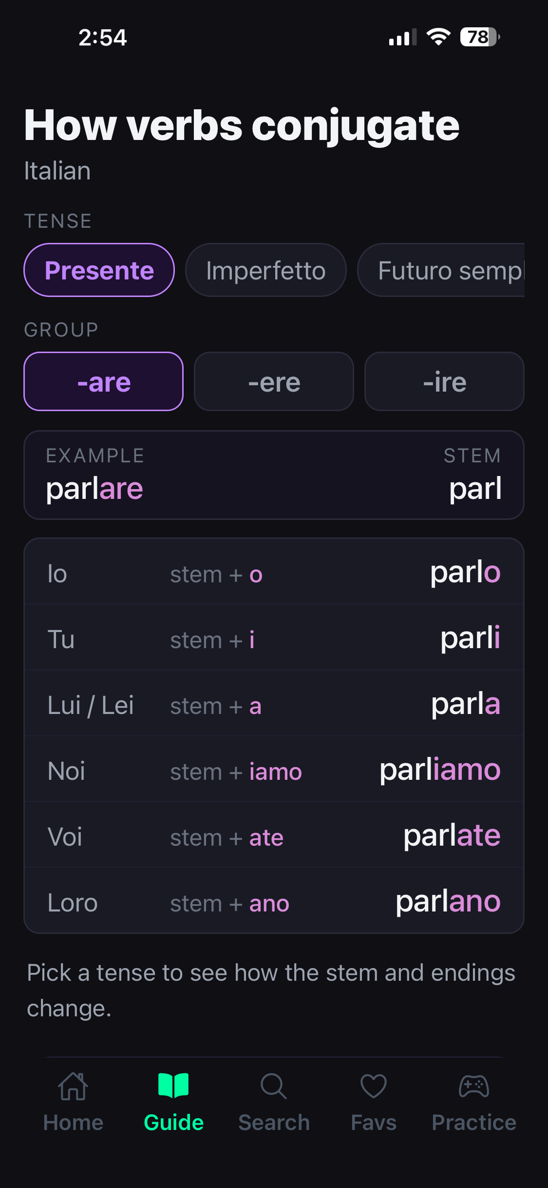 Verblinx Guide showing how verbs conjugate